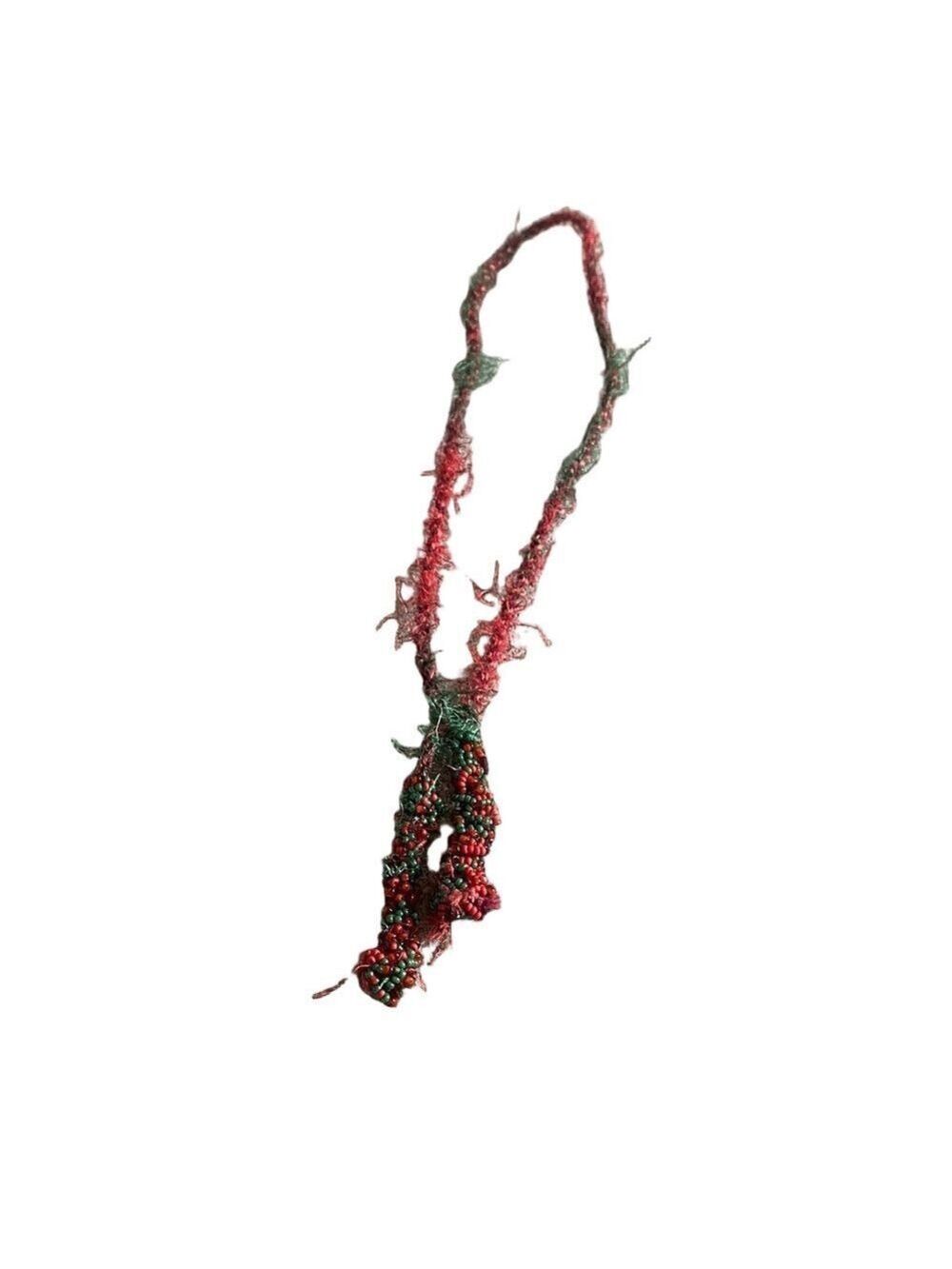 Handmade Red & Green Beaded Necklace 27” Holiday Statement Piece